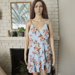 Superdown dress size XL light blue floral faux wrap v back tie shoulder